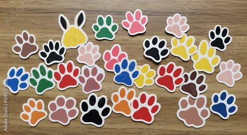 Colorful Assorted Paw Print Stickers on a Wooden Surface Ideal for Crafts and Creative Projects