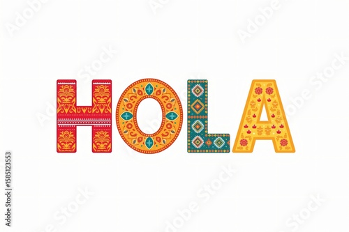 Hola greeting, Mexican pattern, white background, travel design