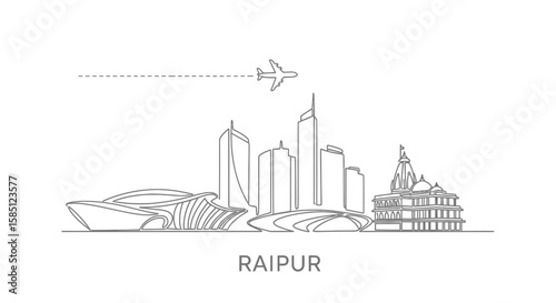 Raipur Skyline Line Art with Airplane, India, and Minimal.