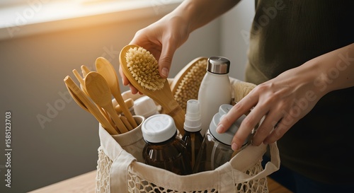 Person Organizing Eco-Friendly Kitchen Utensils and Personal Care Products in a Natural Basket