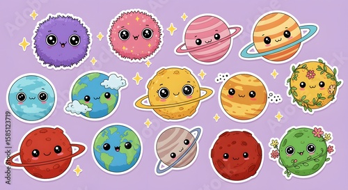 Colorful Cartoon Planets with Kawaii Faces Against a Purple Background in Whimsical Design