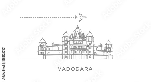 Vadodara City Line Art with Travel India, and Airplane.