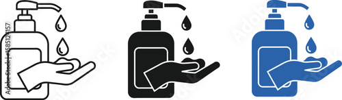 Hygienic hand sanitizer bottle graphic demonstrates washing for health protection against germs, viruses, and bacterial infection.