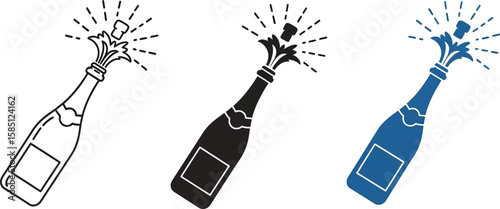 Celebratory champagne bottle popping with vibrant energy, ideal for festive promotions and graphic designs with a fun theme.