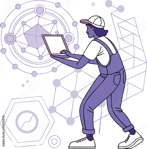 Illustration of a person with a laptop in overalls surrounded by geometric shapes and connections