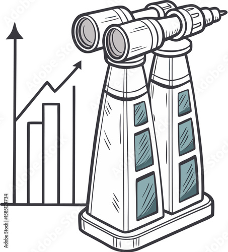 Binoculars on stands with upward trending graph line showing growth and future vision concept art design