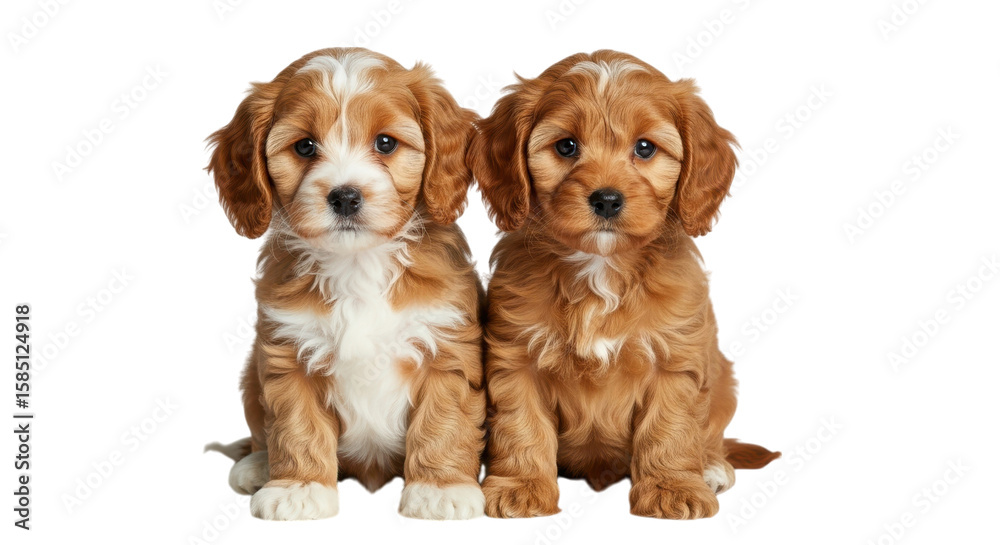 Two adorable Cavapoo puppies sitting together against a black backdrop, showcasing their fluffy fur and endearing expressions, transparent background Two adorable Cavapoo puppies sitting together against a black backdrop, showcasing their fluffy fur and endearing expressions, transparent background