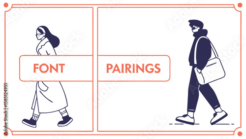Illustration showing font pairings with a woman in a coat and a man with a bag in separate panels design