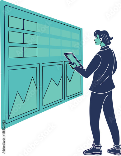 A person cleaning a large screen displaying graphs and charts in a modern office environment setting