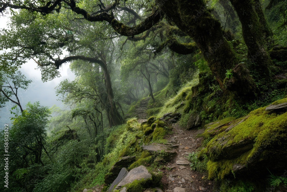 Obraz premium There is a serene path winding through a lush green forest