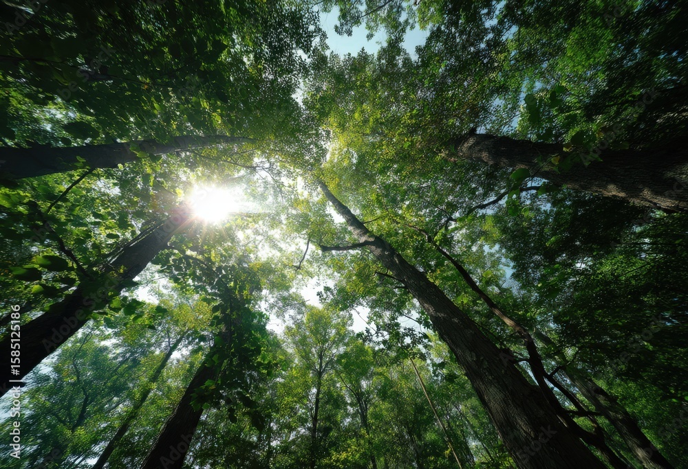 Fototapeta premium The sun is brightly shining through the trees in the vibrant forest