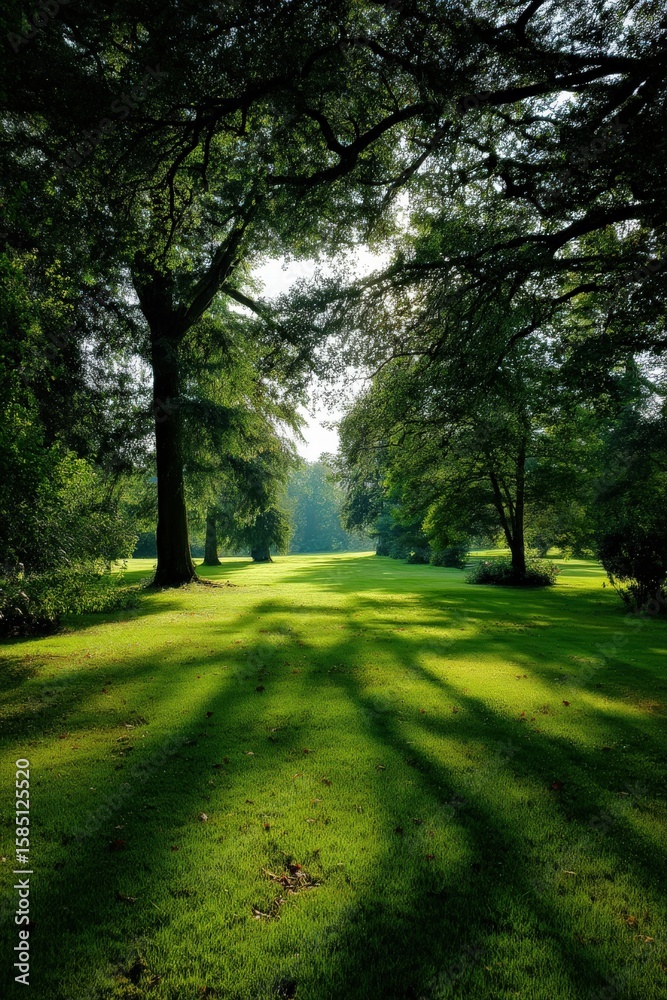 Obraz premium The sun shines through trees, casting shadows on the grass