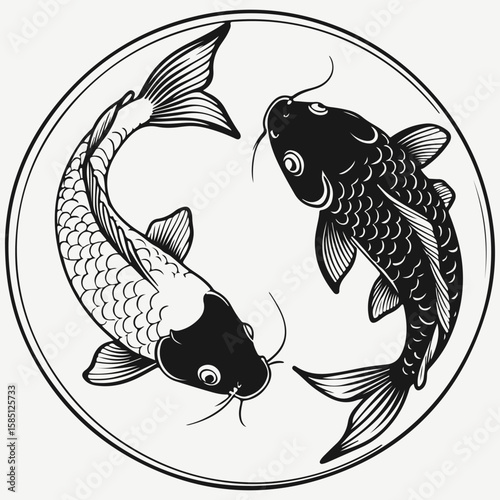 koi carps white and black in a circle sketch illustration vector