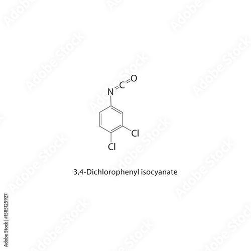 3,4-Dichlorophenyl isocyanate skeletal structure. halogen isocyanate compound schematic illustration. Simple diagram, chemical formula.