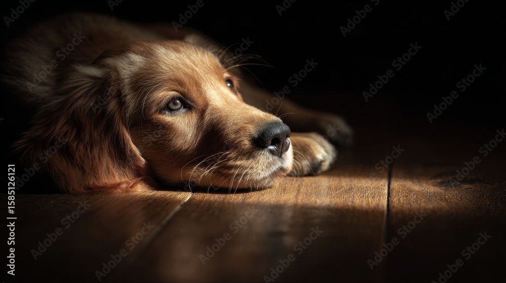 mood shot of golden retriever puppy under spotlight on wooden floor. mood shot of golden retriever puppy under spotlight on wooden floor.