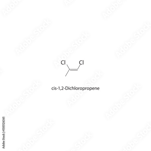 cis-1,2-Dichloropropene skeletal structure. halogen alkene compound schematic illustration. Simple diagram, chemical formula.