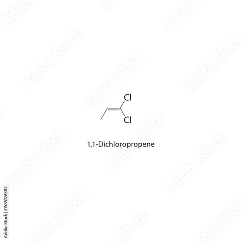 1,1-Dichloropropene skeletal structure. halogen alkene compound schematic illustration. Simple diagram, chemical formula.