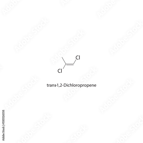 trans-1,2-Dichloropropene skeletal structure. halogen alkene compound schematic illustration. Simple diagram, chemical formula.