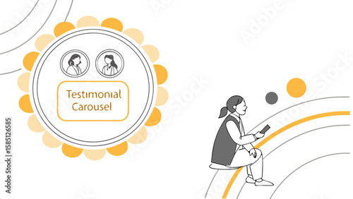 Illustration of testimonial carousel with woman holding phone and decorative elements around it