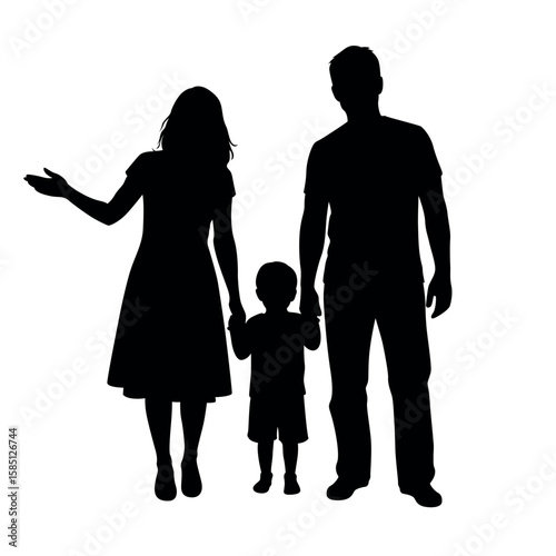 Family silhouette with mother pointing and kid holding hands