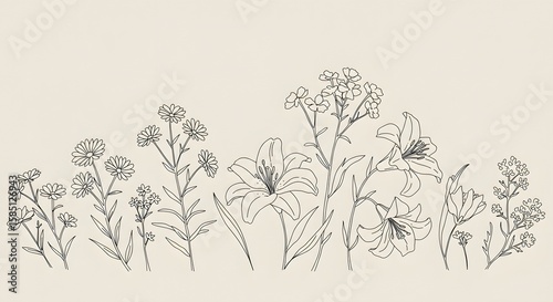 Artistic Black and White Silhouette of Delicate Flowers and Plants on a Neutral Background