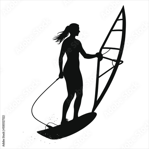  Female Windsurfer Silhouette Vector Art - Minimalist Water Sports Design