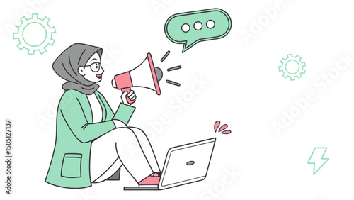 Woman in hijab with laptop and megaphone surrounded by gears and speech bubble illustration style