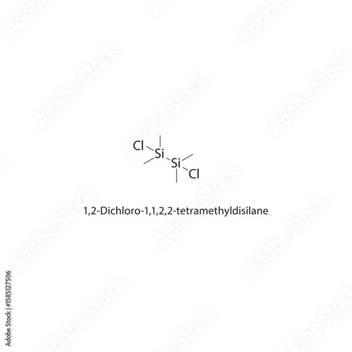 1,2-Dichloro-1,1,2,2-tetramethyldisilane skeletal structure. halogen silane compound schematic illustration. Simple diagram, chemical formula.