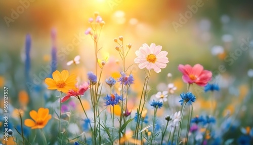 Vibrant Sunlit Meadow Filled with Colorful Wildflowers and Lush Greenery, Perfect for Summer Days
