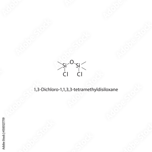 1,3-Dichloro-1,1,3,3-tetramethyldisiloxane skeletal structure. halogen siloxane compound schematic illustration. Simple diagram, chemical formula.