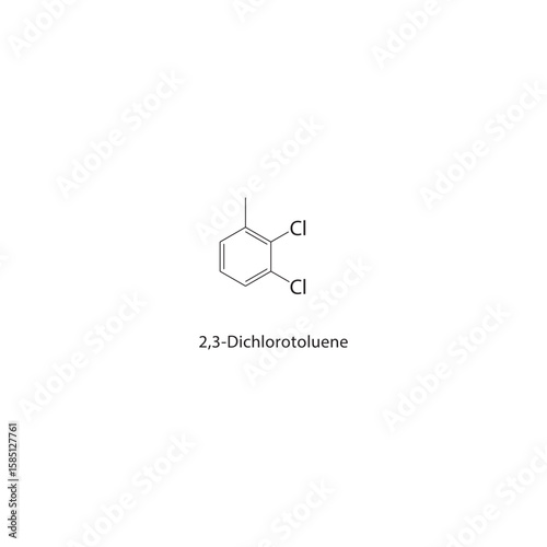 2,3-Dichlorotoluene skeletal structure. halogen toluene compound schematic illustration. Simple diagram, chemical formula.