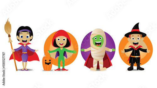 Four children dressed in halloween costumes including witch mummy and vampire with pumpkin and broom 100
