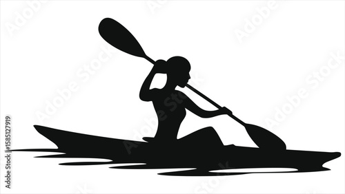 Woman Kayaker Silhouette Vector - Dynamic Black & White Female Paddler on Water


