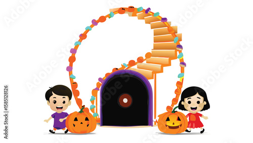 Cartoon halloween scene with kids pumpkins decorated archway and stairs leading to a dark door