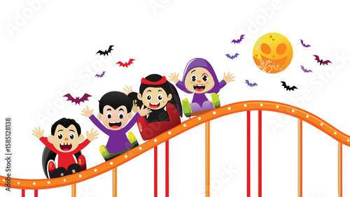 Cartoon halloween themed illustration of kids dressed as vampires on a roller coaster ride with bats