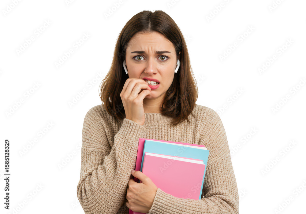 A young woman with earbuds looks anxious while holding books, isolated on transparent background A young woman with earbuds looks anxious while holding books, isolated on transparent background