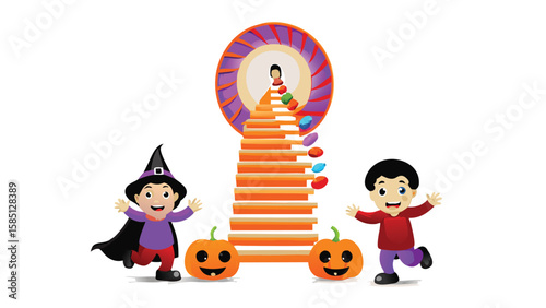 Halloween scene with kids in costumes pumpkins and a candy staircase to a portal for trick or treating