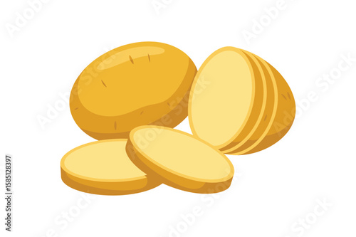 Vector illustration of potato. Half peeled potato with the twirling skin peel over it, composition sliced potato isolated white background for menu and packaging illustration