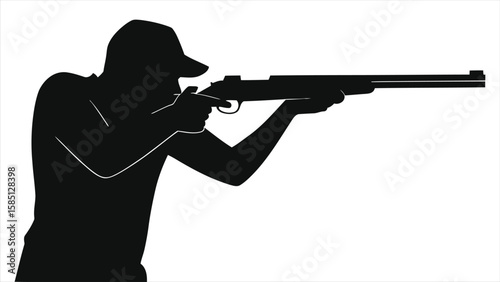 Shooting Sport Competitor Silhouette Vector - Rifleman Aiming Black & White Target Shooter Graphic