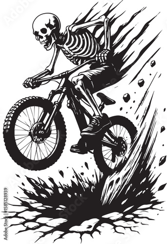 Skeleton riding bicycle downhill mountain bike
