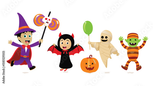 Illustration of children in halloween costumes including a witch, devil, mummy and a goblin character