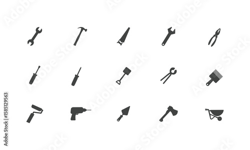 Set of tools icon. Working tools including hammer, wrench, screwdriver, saw, drill, pliers, roller, shovel, axe, and more. Perfect for construction, carpentry, repair and DIY.