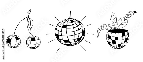 Disco ball y2k bachelorette party tattoo sketch. Disco ball with hat, cherry disco set. Doodle shiny nightlife music illustration. Groovy 2000 party