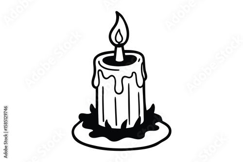 A black and white illustration of a melting candle, featuring a flame at the top and wax dripping down the cylindrical body. The candle rests on a bed of grass-like elements at its base. 