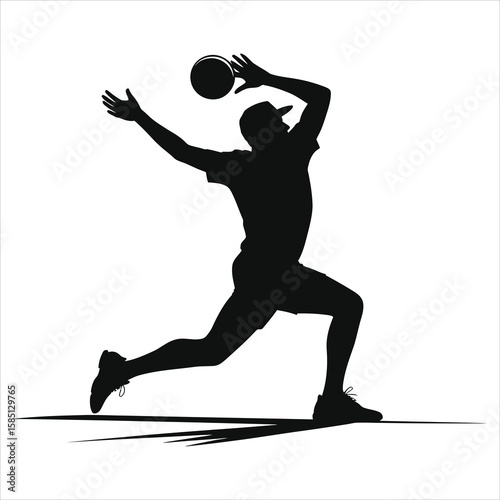 Dynamic Cricket Fielder Silhouette Vector - Black & White Sports Player Catching Ball Graphic