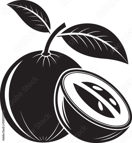 Sapodilla fruit with leaves black vector icon