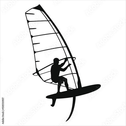 Dynamic Windsurfer Silhouette Vector - Active Person Windsurfing Ocean Water Sports Graphic