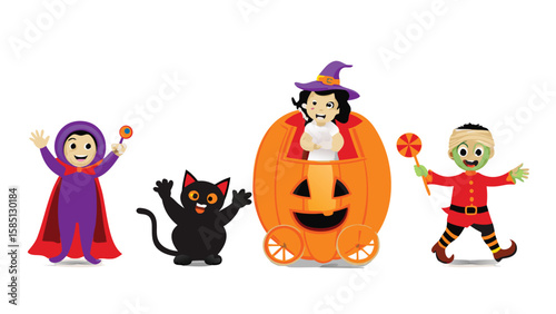 Halloween scene featuring children in costumes with a black cat and a pumpkin carriage design
