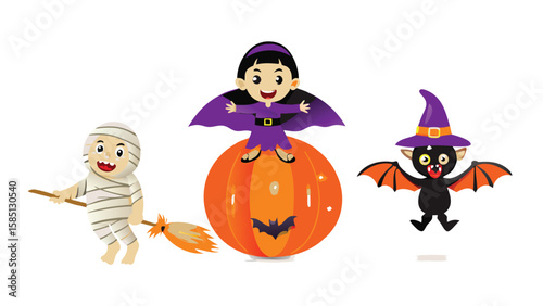 Cartoon halloween scene with a witch on a pumpkin mummy on a broom and a bat with a witch hat