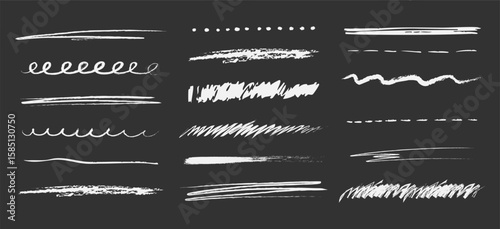 Chalk underline on blackboard line stroke, scribble hand drawn sketch texture. Doodle white crayon on black background. School marks, grunge set border free hand design elements